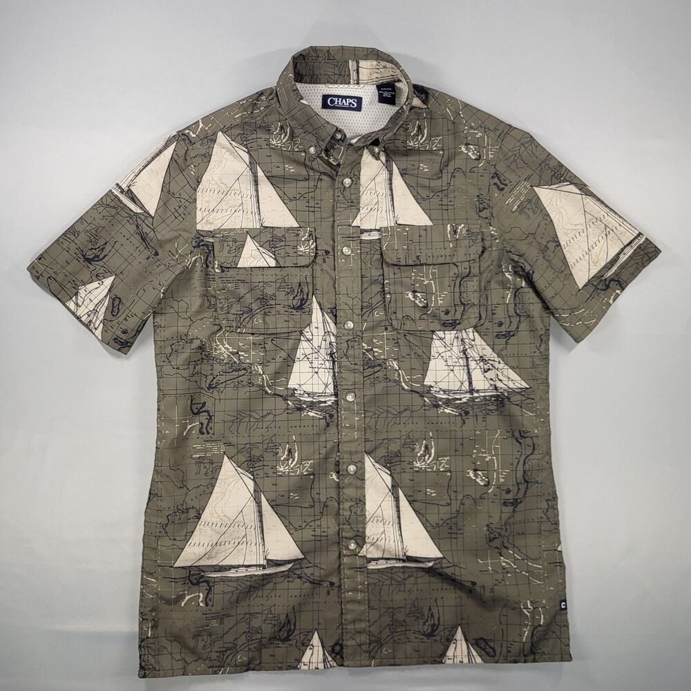 Chaps Men’s Vented Fishing Shirt - Nautical Sailboat & Old World Map Print Sz S